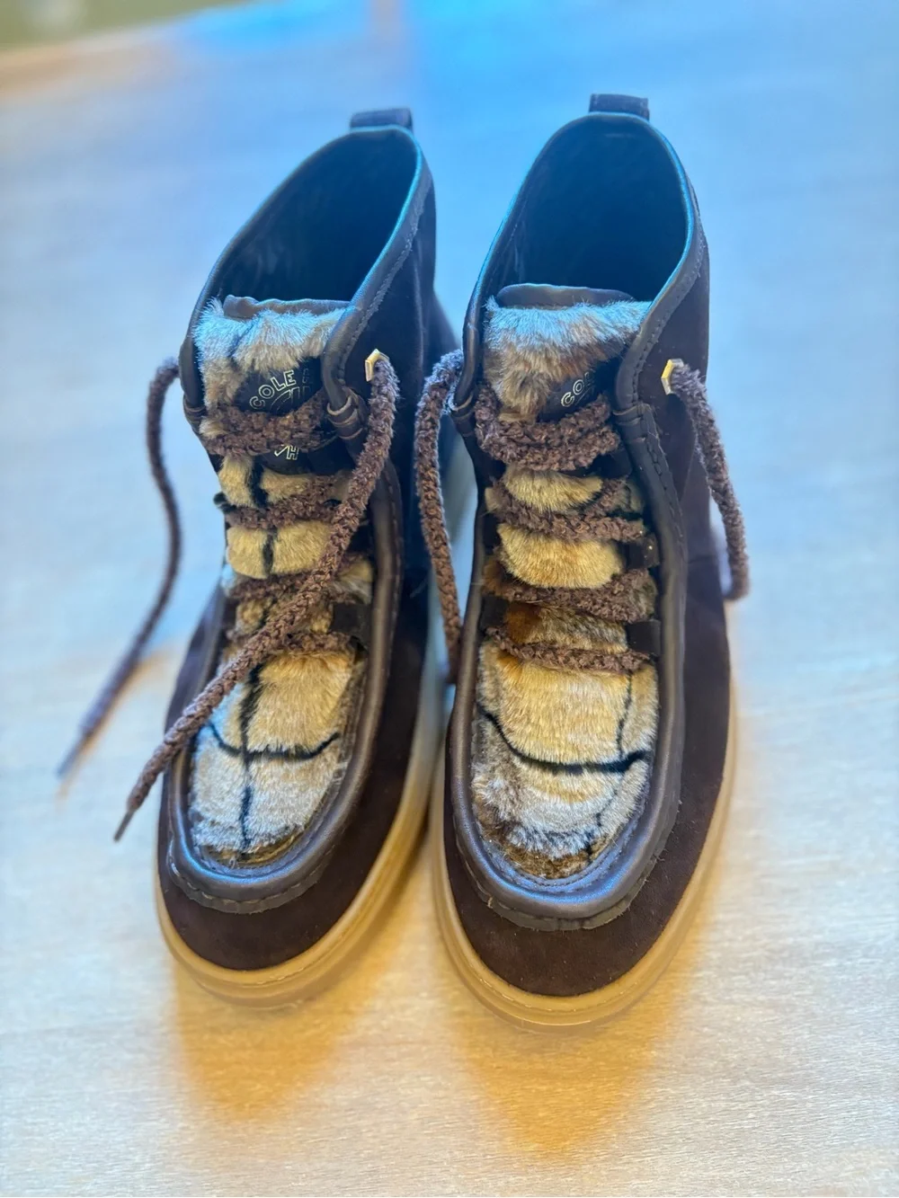 Cole Haan Brown Suede Lace-Up Ankle Boots with Fur Trim